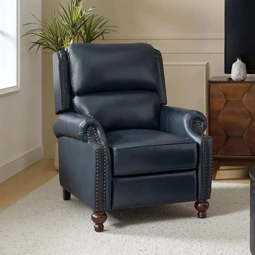 Poltrona Reclinabile Wingback in Vera Pelle con Seduta Imbottita Spessa, Poltrona Reclinabile Tradizionale in Pelle con Dettagli a Chiodo, N