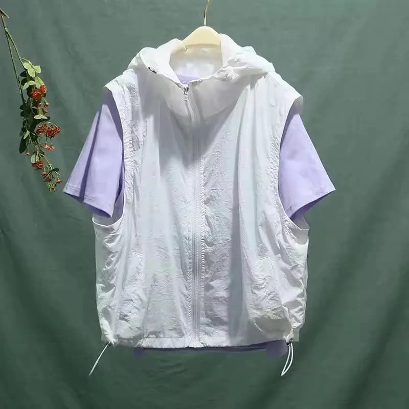 Moda Donna Gilet Cargo Cerniere Con cappuccio Casual Top 2025 Estate Allentato Solido Gilet Sport Asciugatura rapida Sottile Abbigliamento da donna