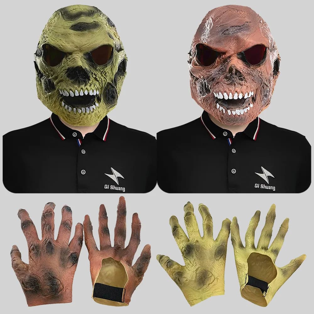 Terribile copricapo da zombie Halloween Mostro Accessori per costumi cosplay Copricapo da diavolo Guanti Teschio Maschera in lattice Giorno dei morti