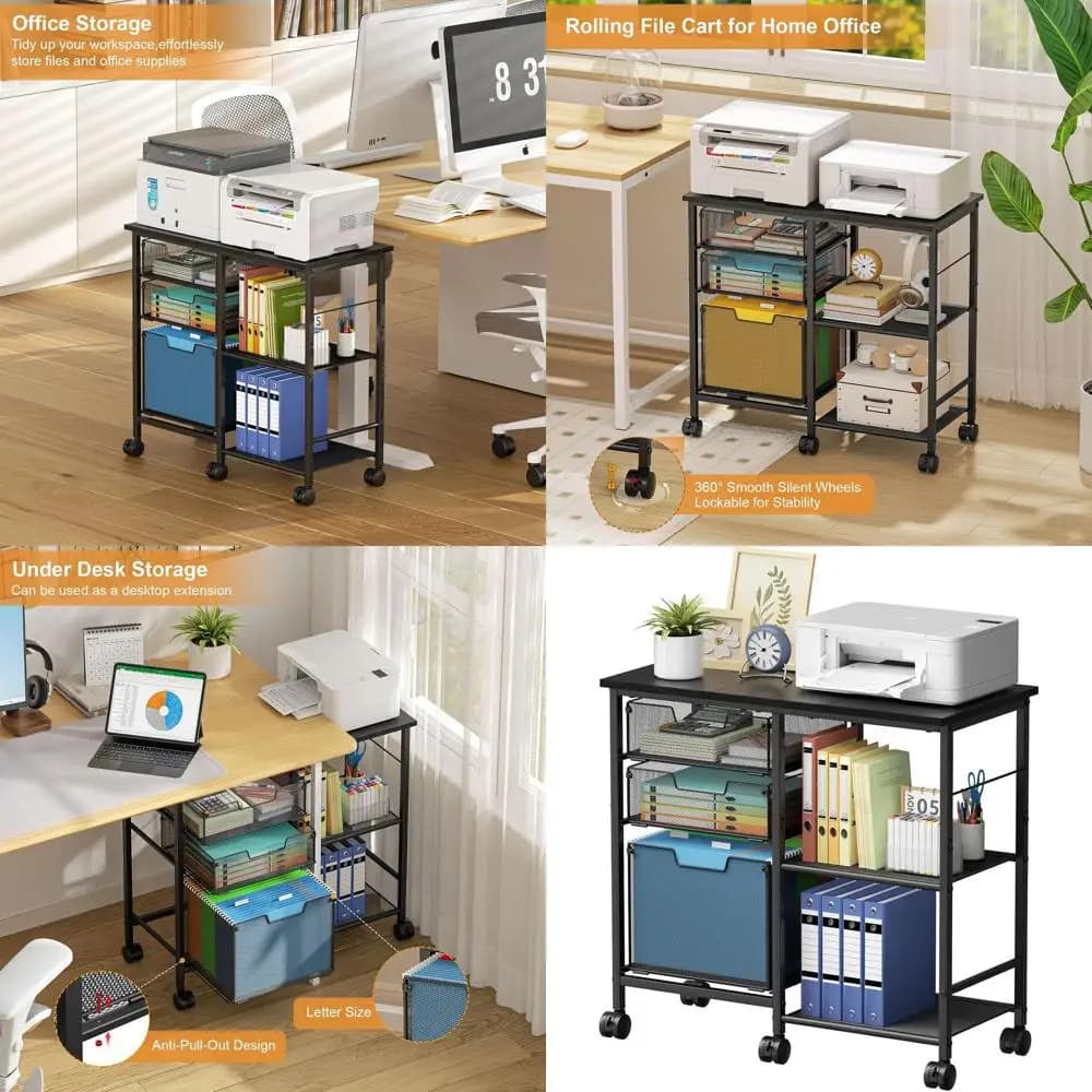 Schedario mobile nero a 3 cassetti con ripiano aperto e cartelle sospese per riporre l'home office