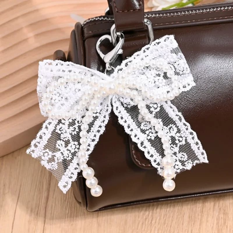 Korean cute pearl lace bow with beads pendant for phone accessories chain ballet shoes aesthetic bag for camera decoration keychain gift