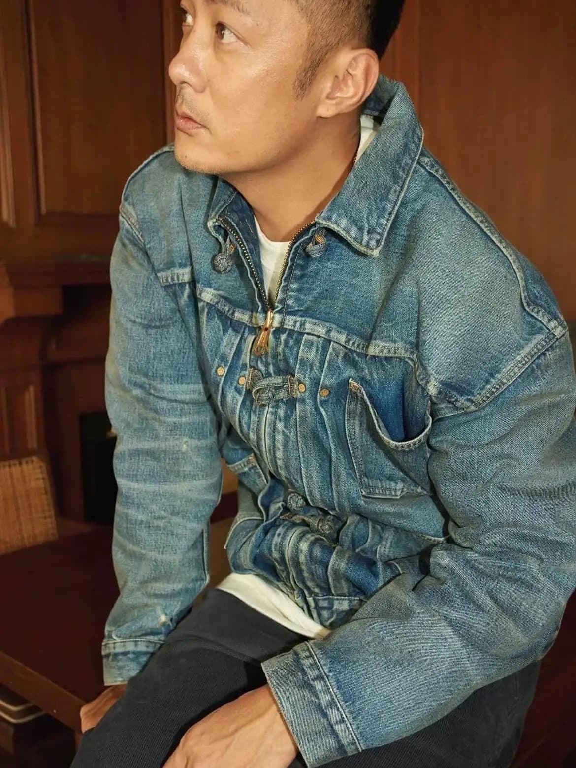 Washed Loose Fit Men's Denim Jacket Pilot Workwear MADNESS 23AW Water Washed Relaxed Button down Chinese Style Jeans Jacket