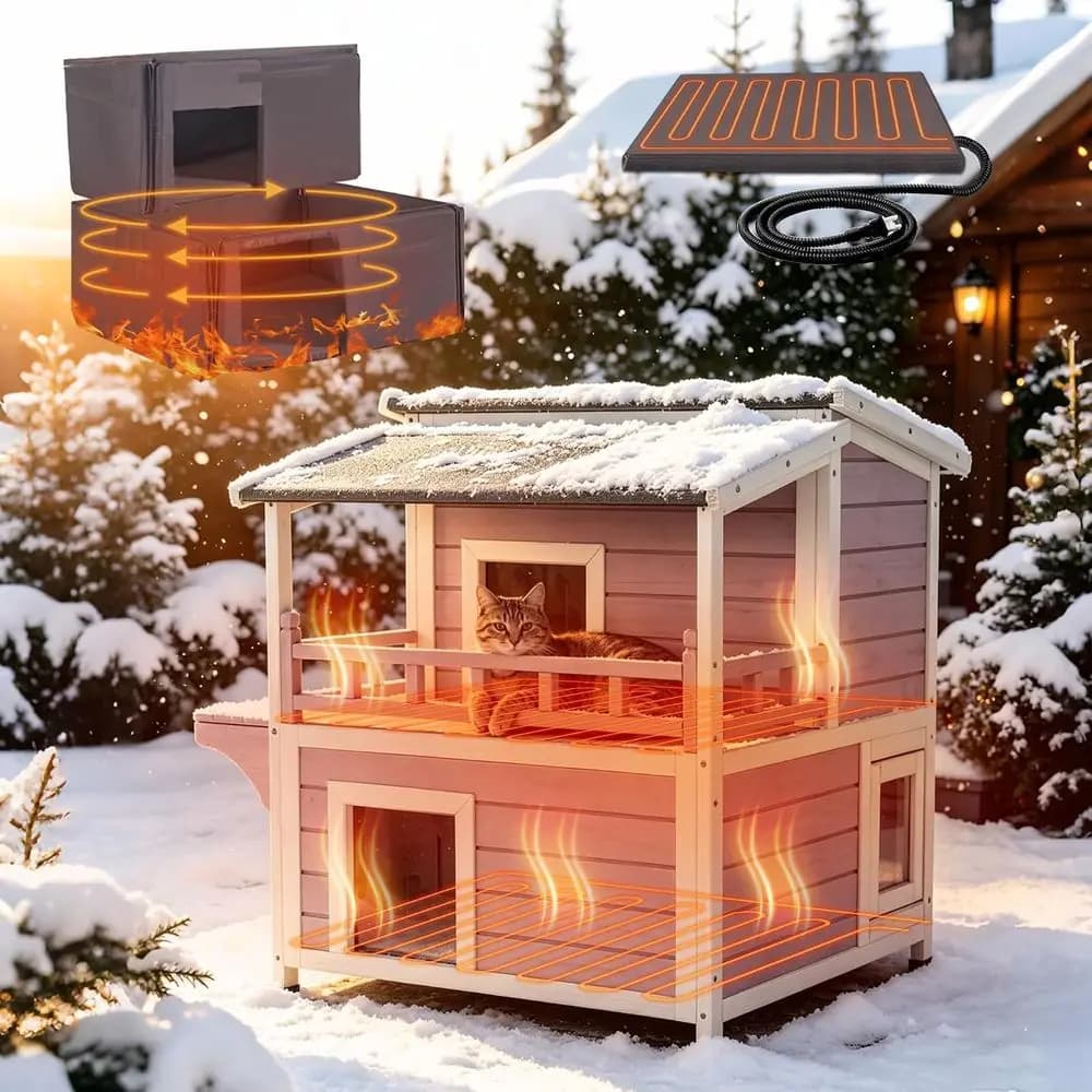 Insulated Outdoor Cat Shelter with Heating Blanket and Weatherproof Roof