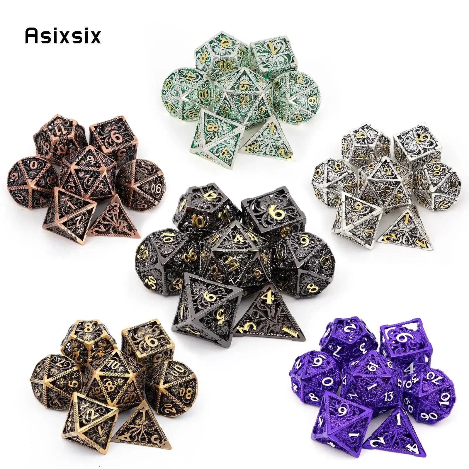 Set di 7 Dadi Metallici Cavi di Vari Colori, Perfetti per Giochi di Carte, Giochi da Tavolo, Critical Role, RPG, D&D
