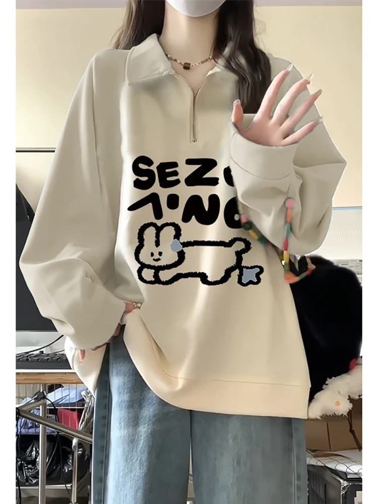 Oversize Hoodie Women's Collar Half Zipper Fleece Lined Thickened Autumn Winter Outerwear Korean Style Long Sleeve Loose...