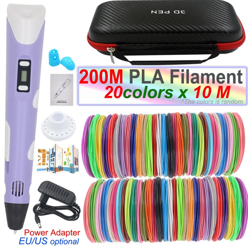 New 3D Printing Pen for Creative Children with LED Display Power Adapter 200M Filament PLA Travel Box Birthday for Kids Christmas Gift