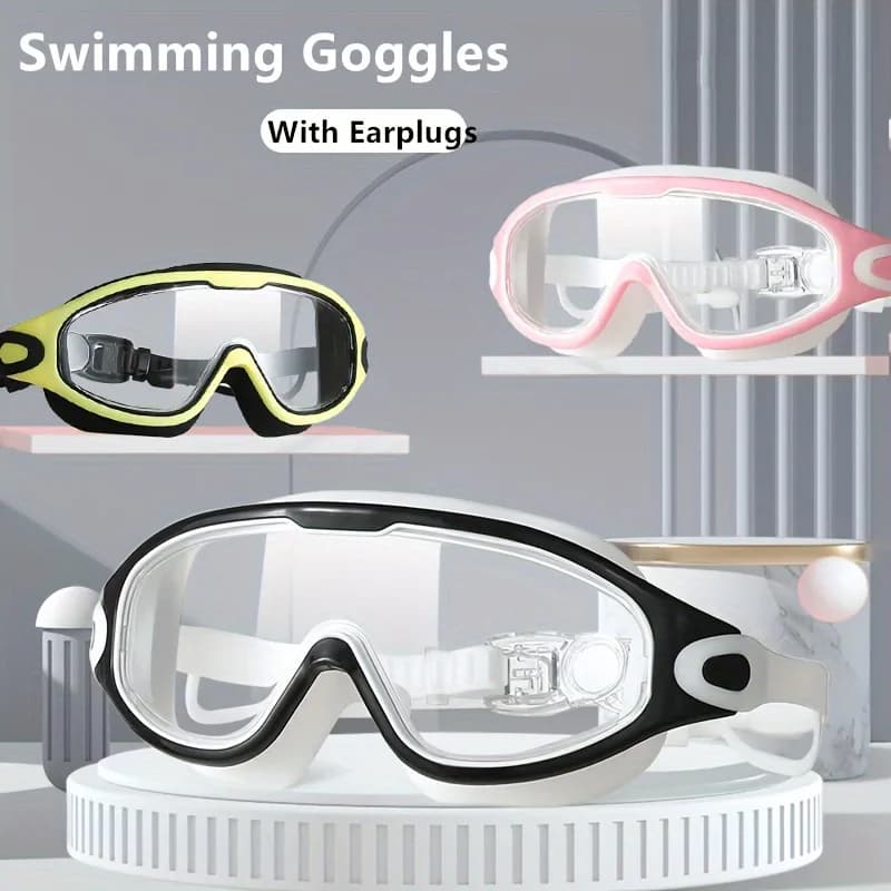 Adult swimwear with large frame, waterproof and anti-fog, wide field of high-definition anti-fog vision, integrated ear plugs.