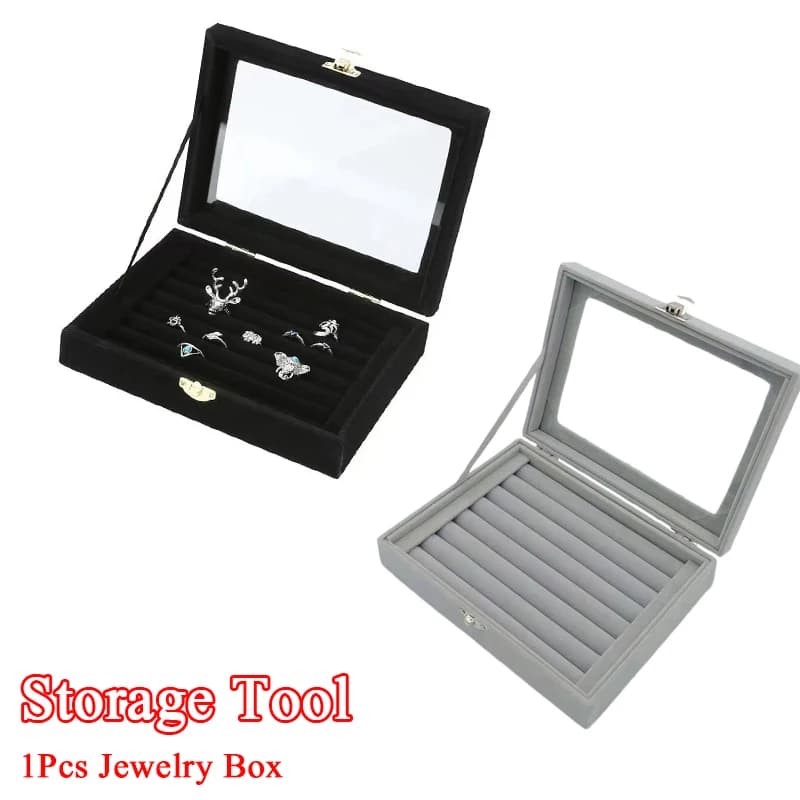 Velvet Jewelry Box, Ring and Earring Display, Dust Organizer with Transparent Cover