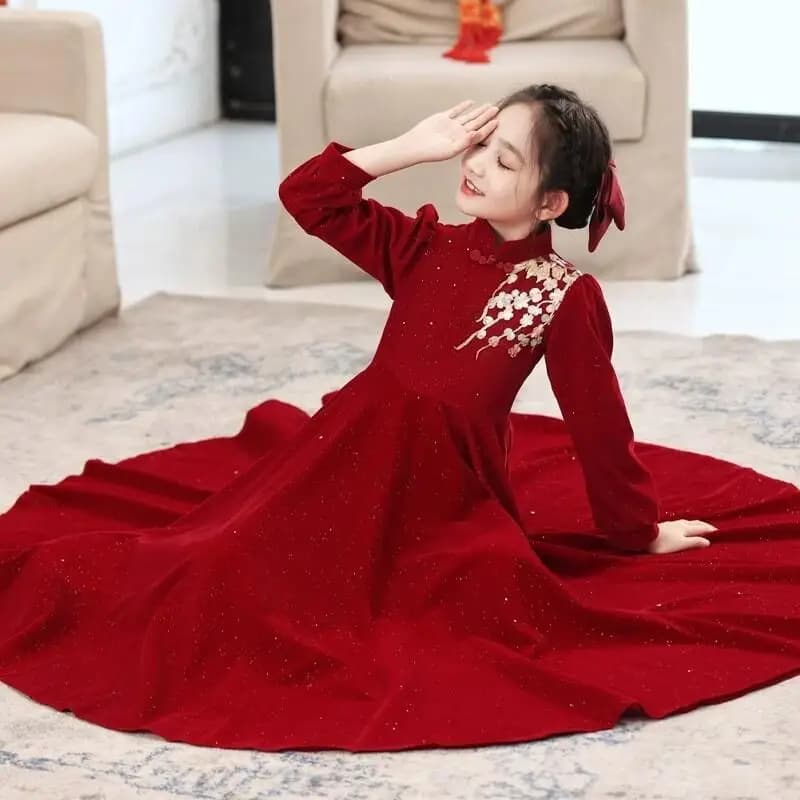 Nuovo abito cinese per ragazze Abito da spettacolo di compleanno per bambini Abito rosso Abito lungo Autunno/Inverno Abito da principessa per bambina