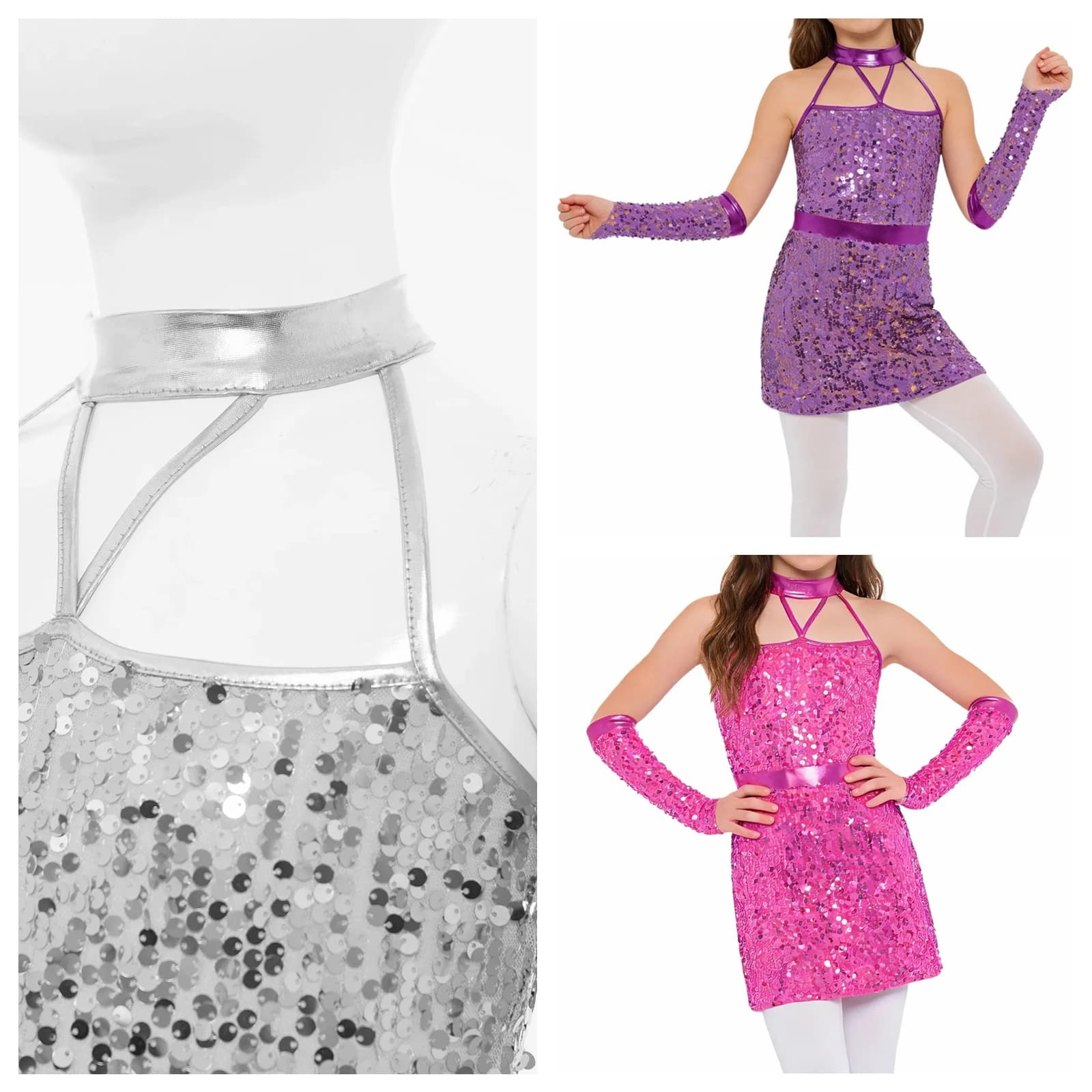 Abito da ballo con guanti per bambine, costume da performance jazz, con scollo all'americana, senza maniche, con paillettes scintillanti