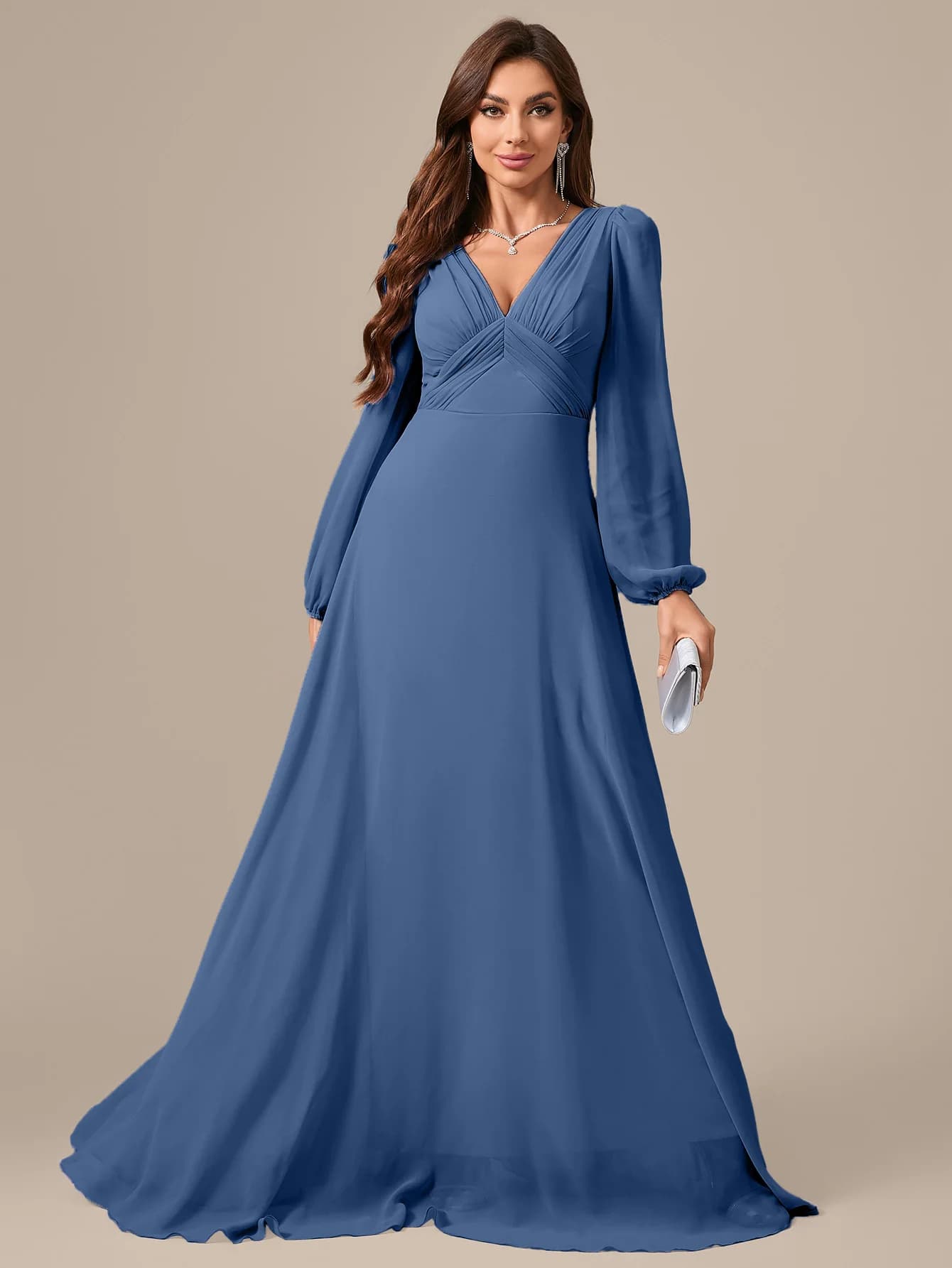 Abito Formale UNITHORSE in Chiffon Lilla con Scollo a V, Maniche Lunghe e Arricciature Frontali, Abito da Damigella, Abito da Sposa