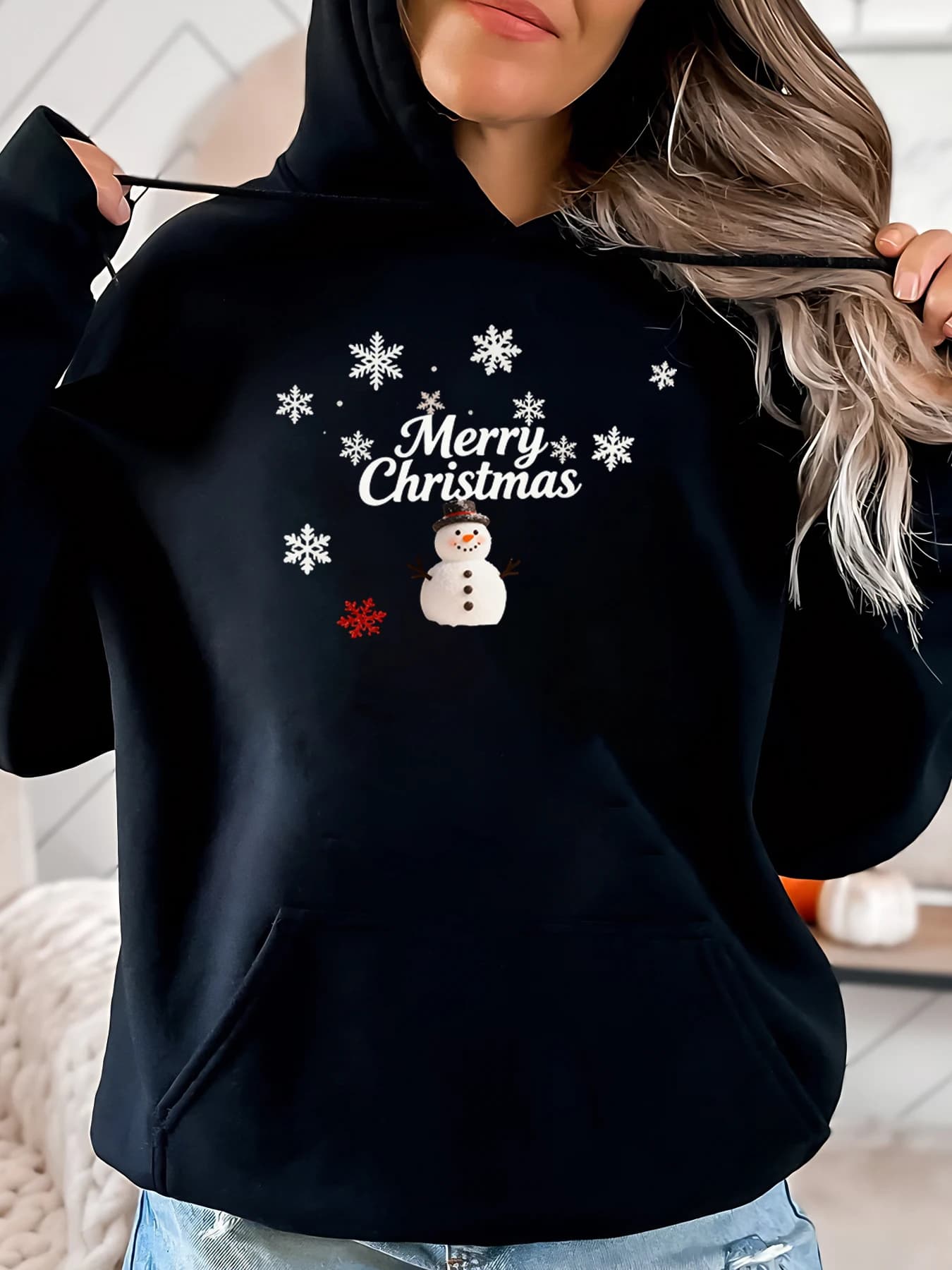 Hoodie with Snowman Print and Merry Christmas Snowflakes Women casual clothing for holidays Black Strong cuts