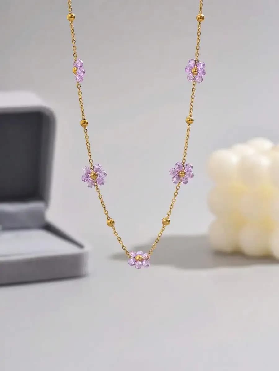 Collana con perline a forma di fiore di cristallo, catena in acciaio inossidabile per donna, regalo per l'uso quotidiano