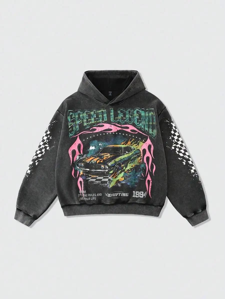 Men's Vintage Hoodie with Graphic Printing, Top Streetwear with Large Cutting