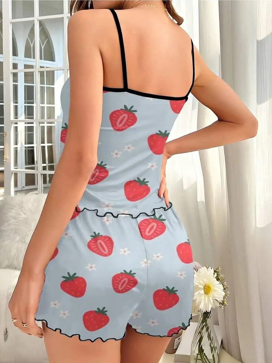 Womens Strawberry Print Pajama Set With White Flowers On Light Blue Background Two Piece Polyester Camisole And Shorts