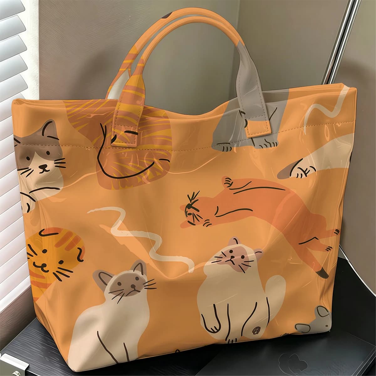 Warm Orange Cat Fashion Large Glossy PVC Tote Bag Hand Washable Waterproof Perfect Travel Commute Cosmetic Storage Shopper