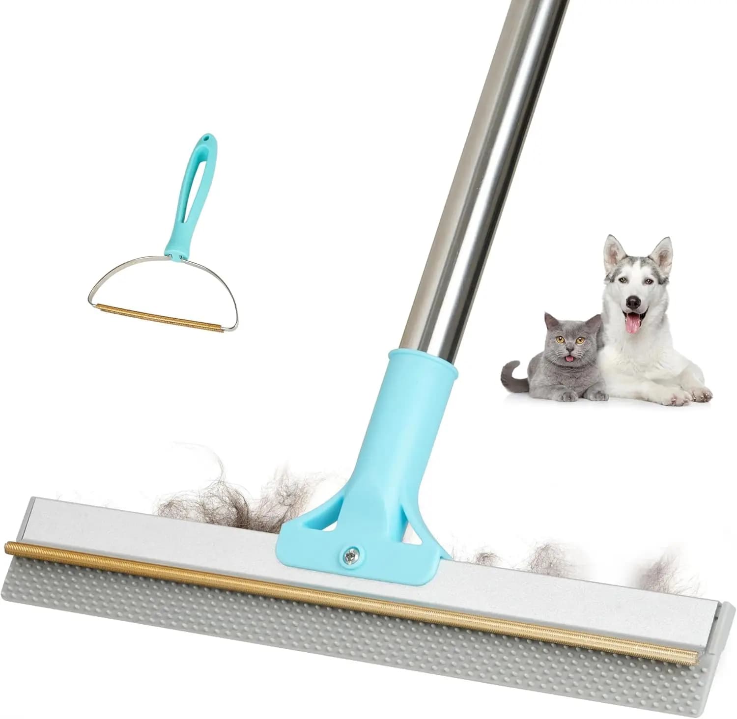 2-in-1 rake for pet hair with TPU and copper teeth, 54''' adjustable handle for carpets, carpets and pastries