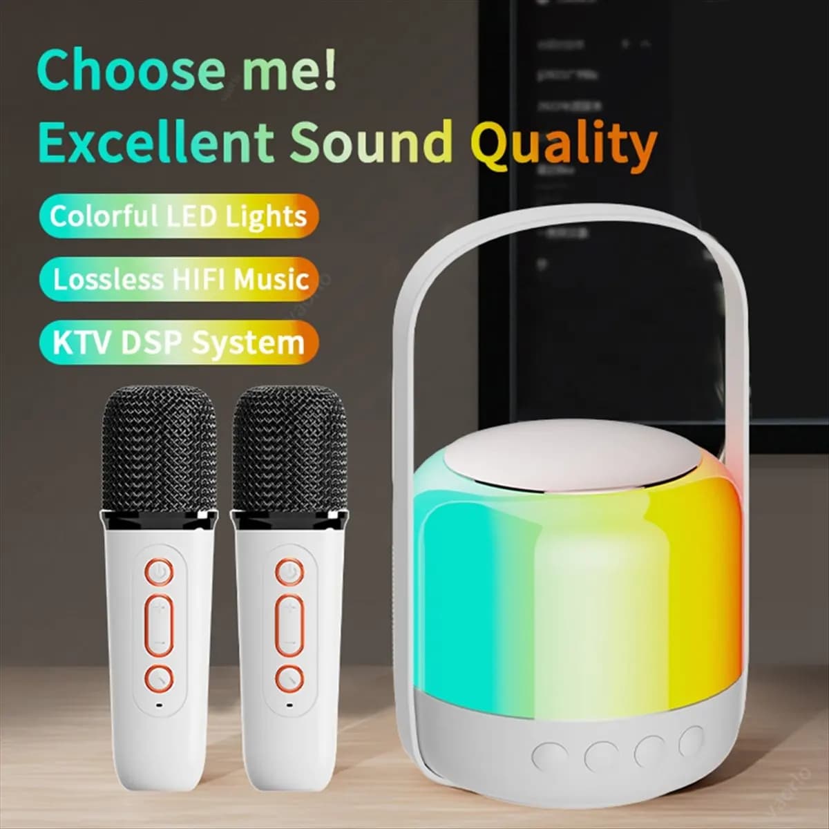 AABFK Altoparlante Bluetooth 5.3 con luce RGB con doppi microfoni wireless Macchina per karaoke Sistema KTV DSP Stereo HIFI 3D Surround