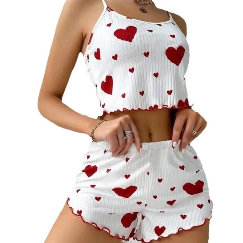 New knitted women's pyjamas set love printed shorts with soft strap SML white breathable casual love printed set pyjamas for home