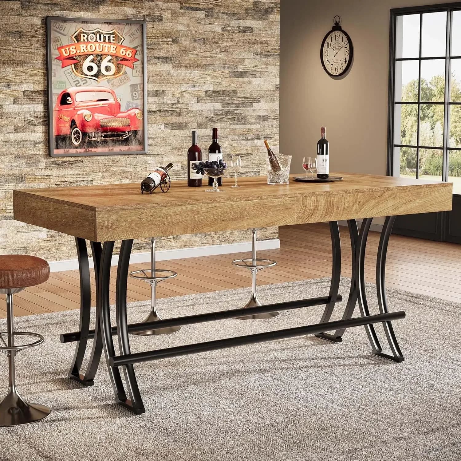 63" Counter Height Bar Table with Metal Footrest, Rectangular Tall Kitchen Dining Pub Table, Industrial Home Bar, Customized