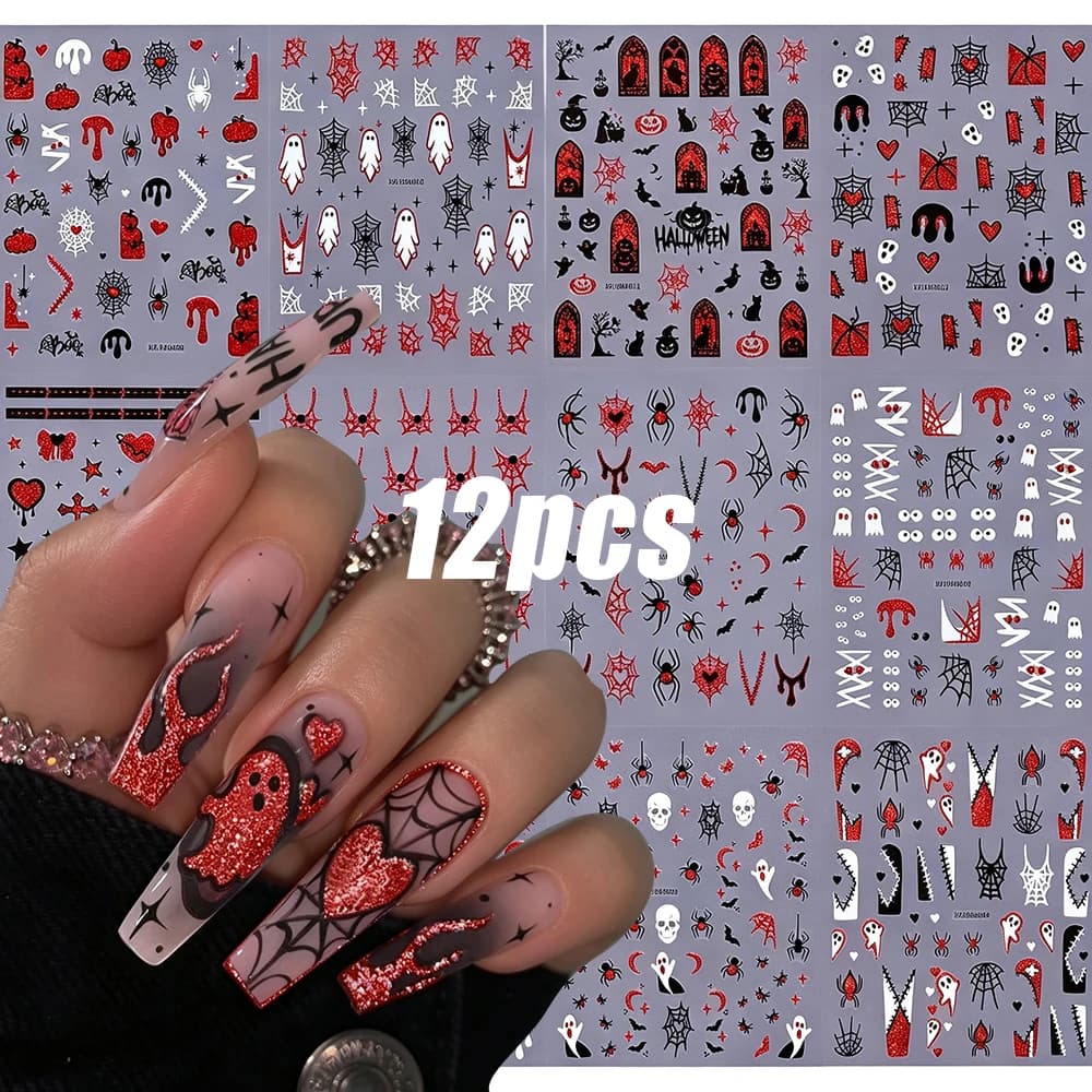 Halloween 12Pcs Red Black Glitter Laser Nail Stickers Ghost Spider Web Devil Heart Gothic Punk Self‑Adhesive DIY Nail Art Slider