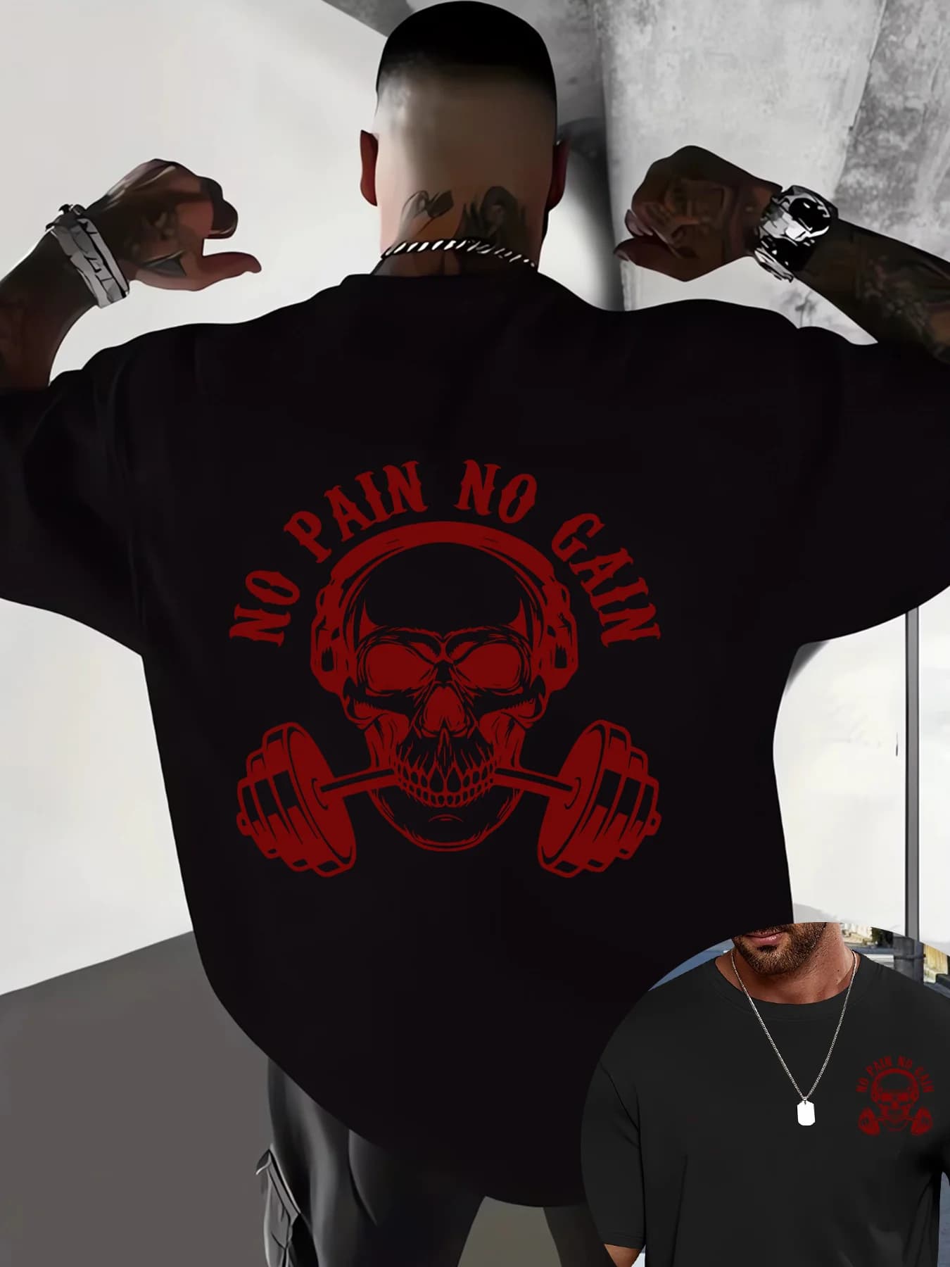 T-shirt da uomo NO PAIN NO GAIN per la motivazione in palestra, stampa con manubri e cuffie, maglietta estiva per allenamento fitness e sollevamento pesi