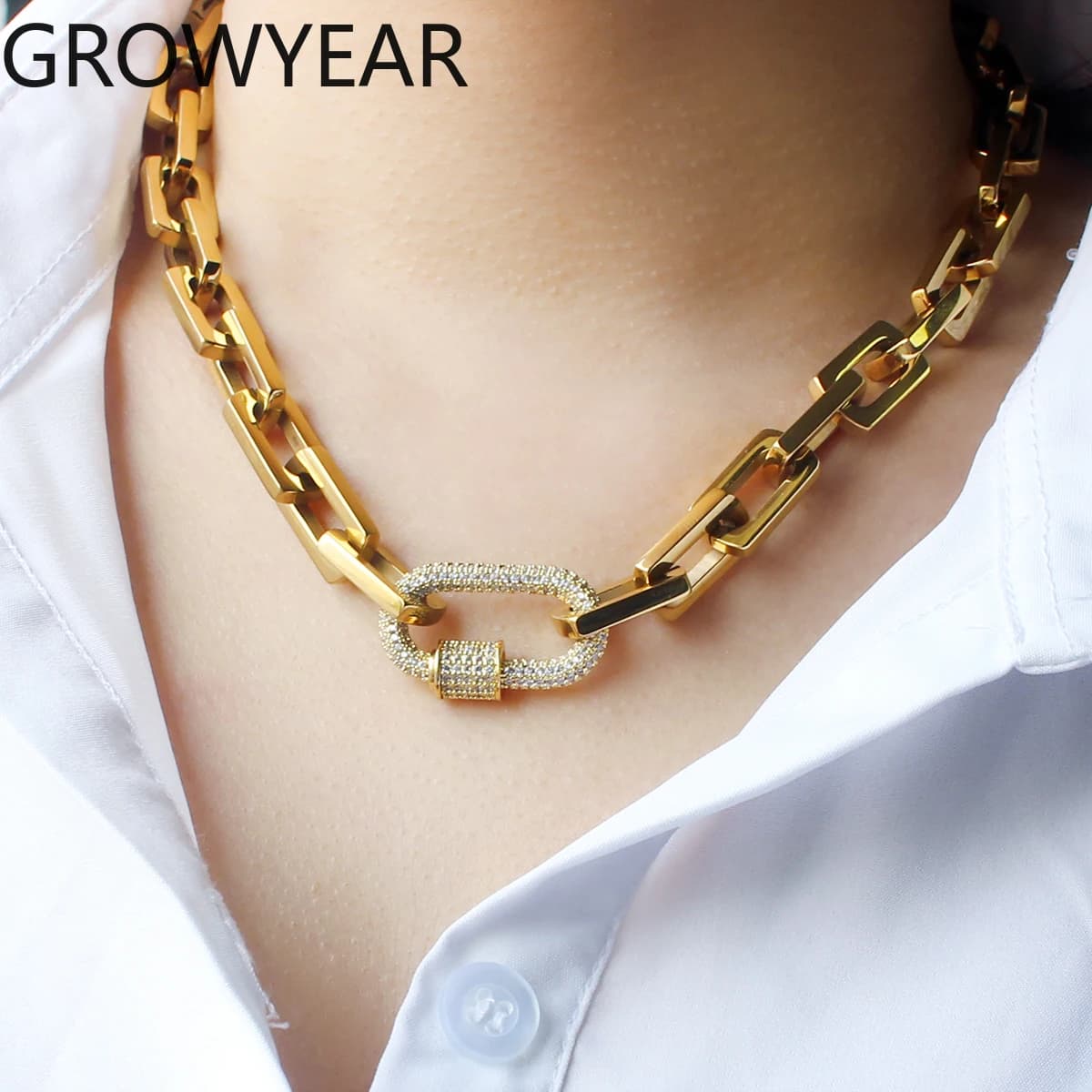 Collana minimalista con pendente in zircone a catena robusta di moda INS Collana con moschettone a catena con graffetta placcata in oro argento 18 carati