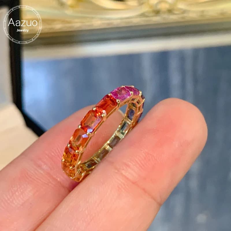 Aazuo Fine Jewely Anello in vero oro giallo 18 carati con zaffiri naturali stile OL con linee arcobaleno, regalo per ragazze e bambini, festa di compleanno Au750