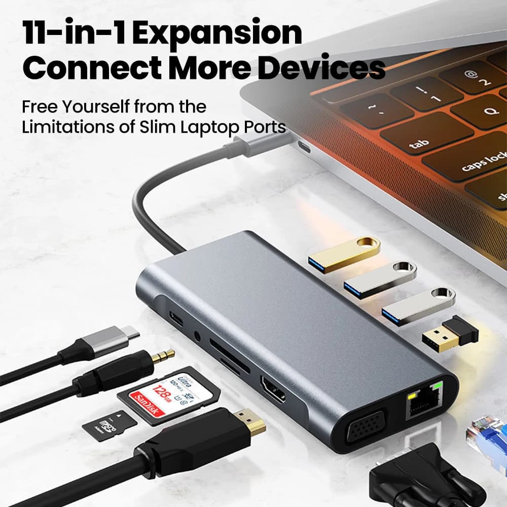 Docking Station Type-C 11 in 1 con Ricarica PD100w, Lettore di Schede SD/TF, USB3.0, 2 USB2.0, Jack per Cuffie 3.5mm, Convertitore Multifunzionale
