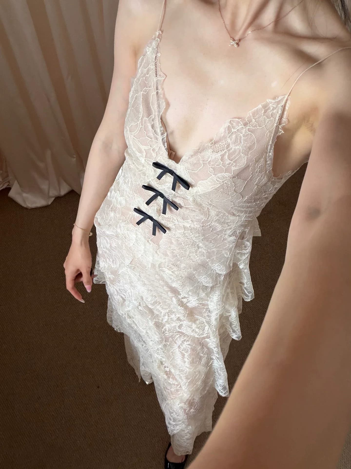 Women Bow Decoration Embroidery Hollow Out High Waist Elegant Maxi Dress