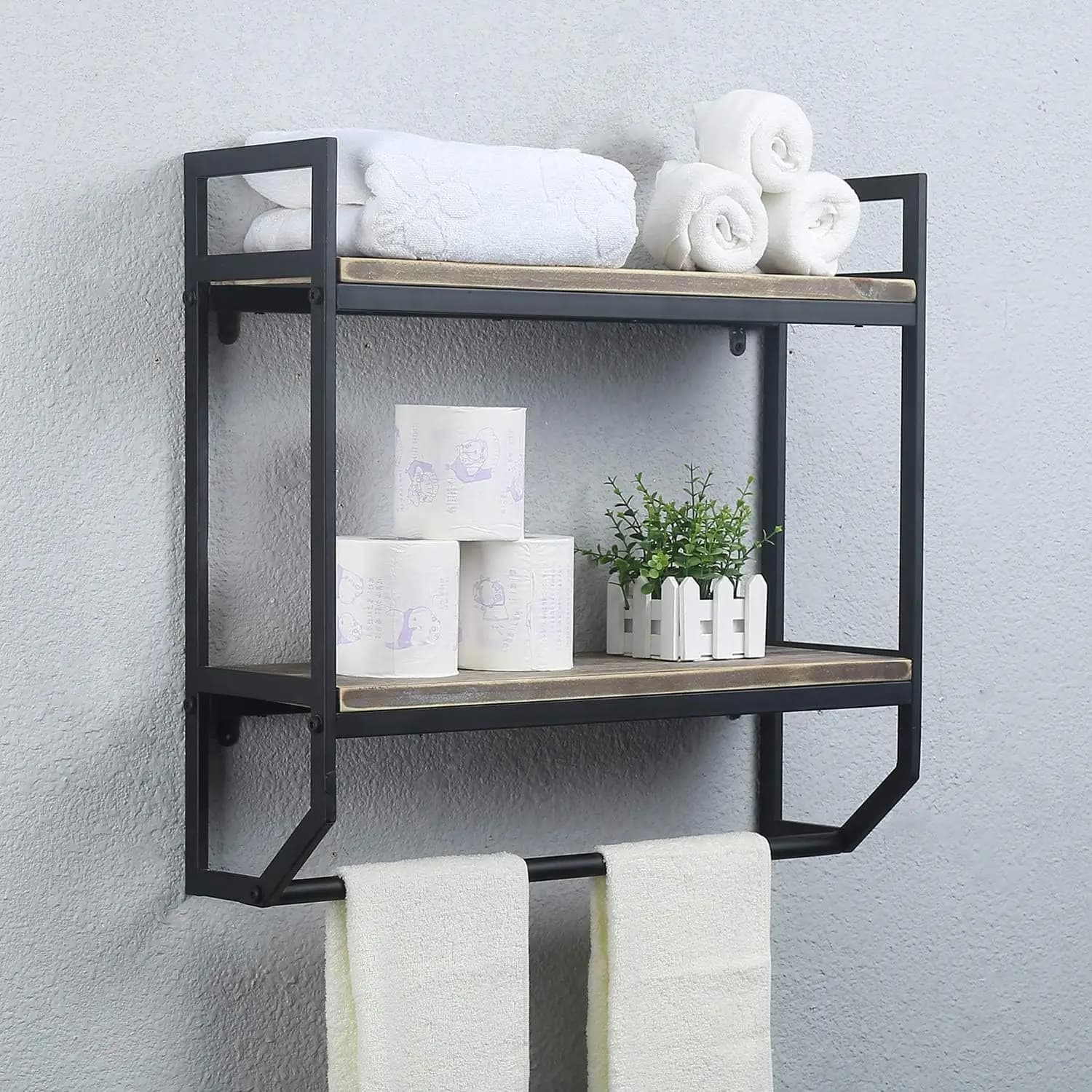 Portasciugamani con barra porta asciugamani, mensole da bagno a 2 livelli da 24 pollici, mensola rustica da parete sopra il WC, mensola portaoggetti multiuso