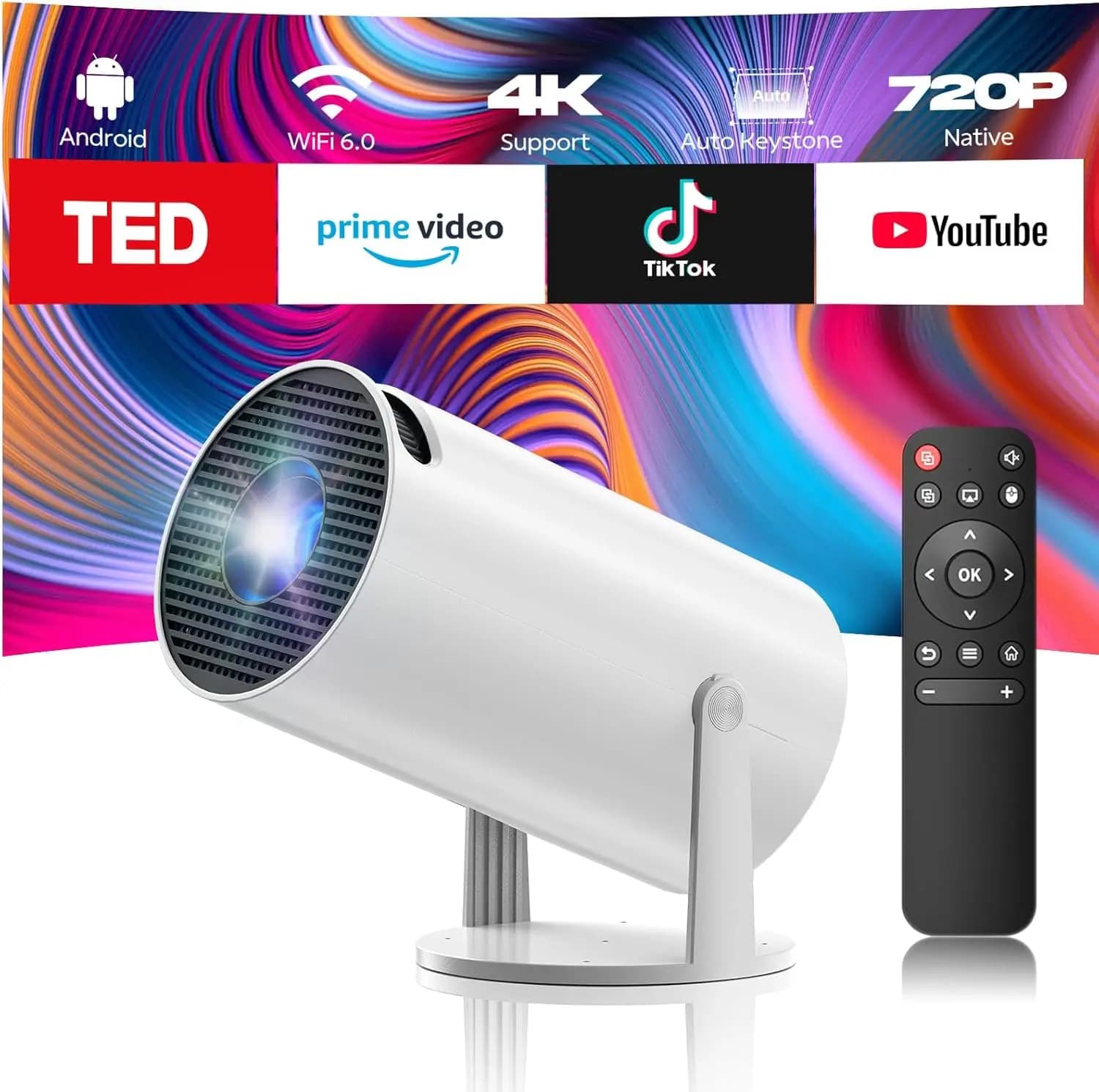 Mini Proiettore 4K 1080P, WiFi 6 Bluetooth 5.0, 220 ° Schermo Rotante, Correzione Automatica Keystone, 130'', Portatile per Home Theater