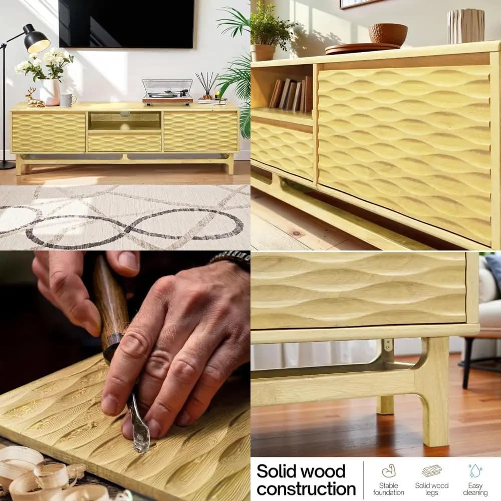 Supporto TV moderno Mid Century in legno di acacia Elara per TV da oltre 75 pollici con spazio di archiviazione e gestione dei cavi