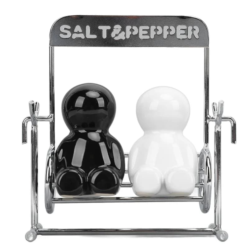 2 pezzi barattoli di spezie da cucina in ceramica carino altalena figura spezie shaker set distributori di sale e pepe nero bianco