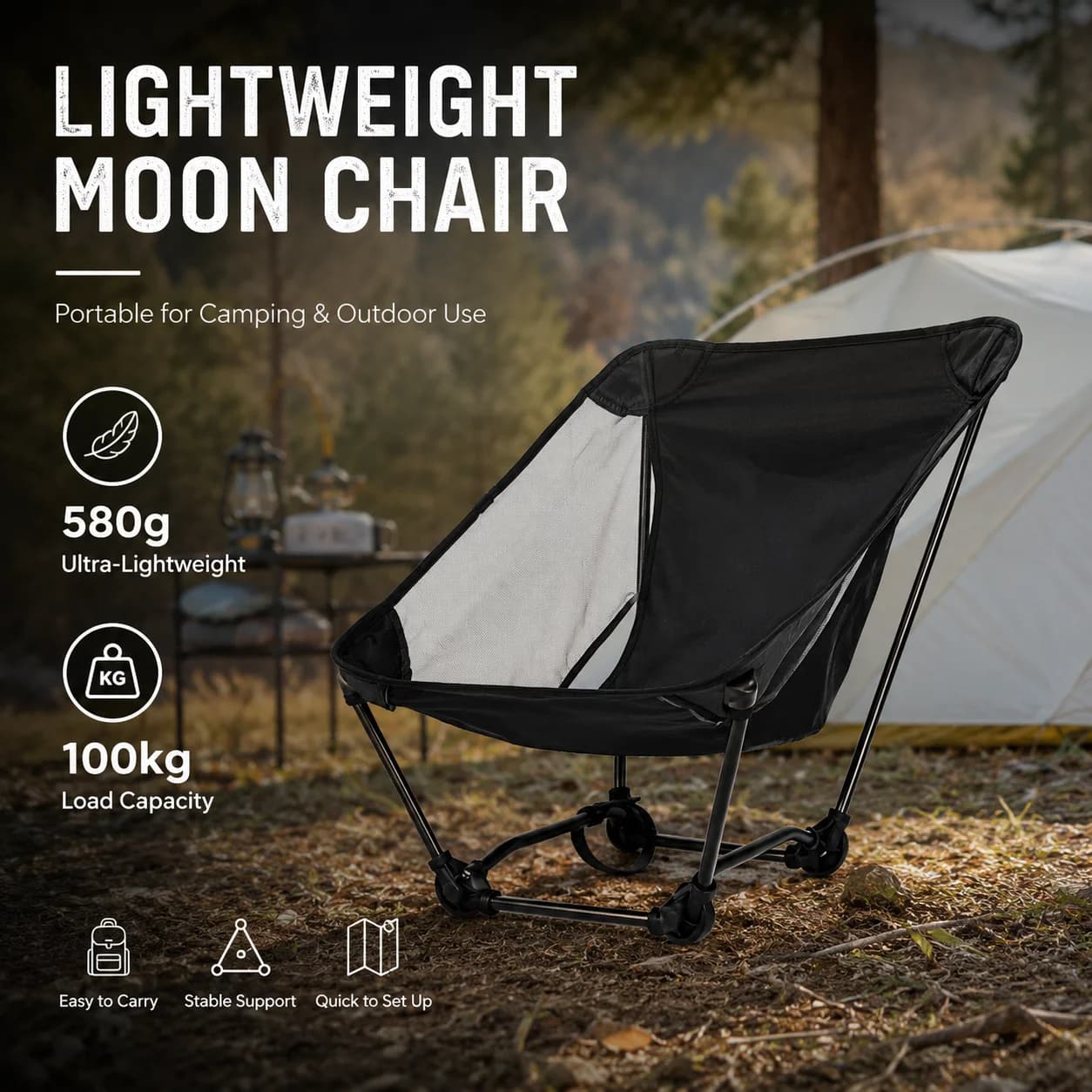 Sedia Pieghevole Portatile da Campeggio 580g in Lega di Alluminio, Sgabello Ultraleggero per Spiaggia e Pesca, Seduta da Viaggio per Esterni, Portata 100kg