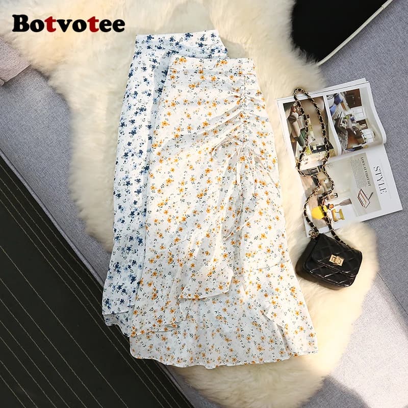 Botvotee Gonne con stampa floreale in chiffon a tromba per donna Gonna longuette da ufficio a vita alta con spacco laterale elegante con volant