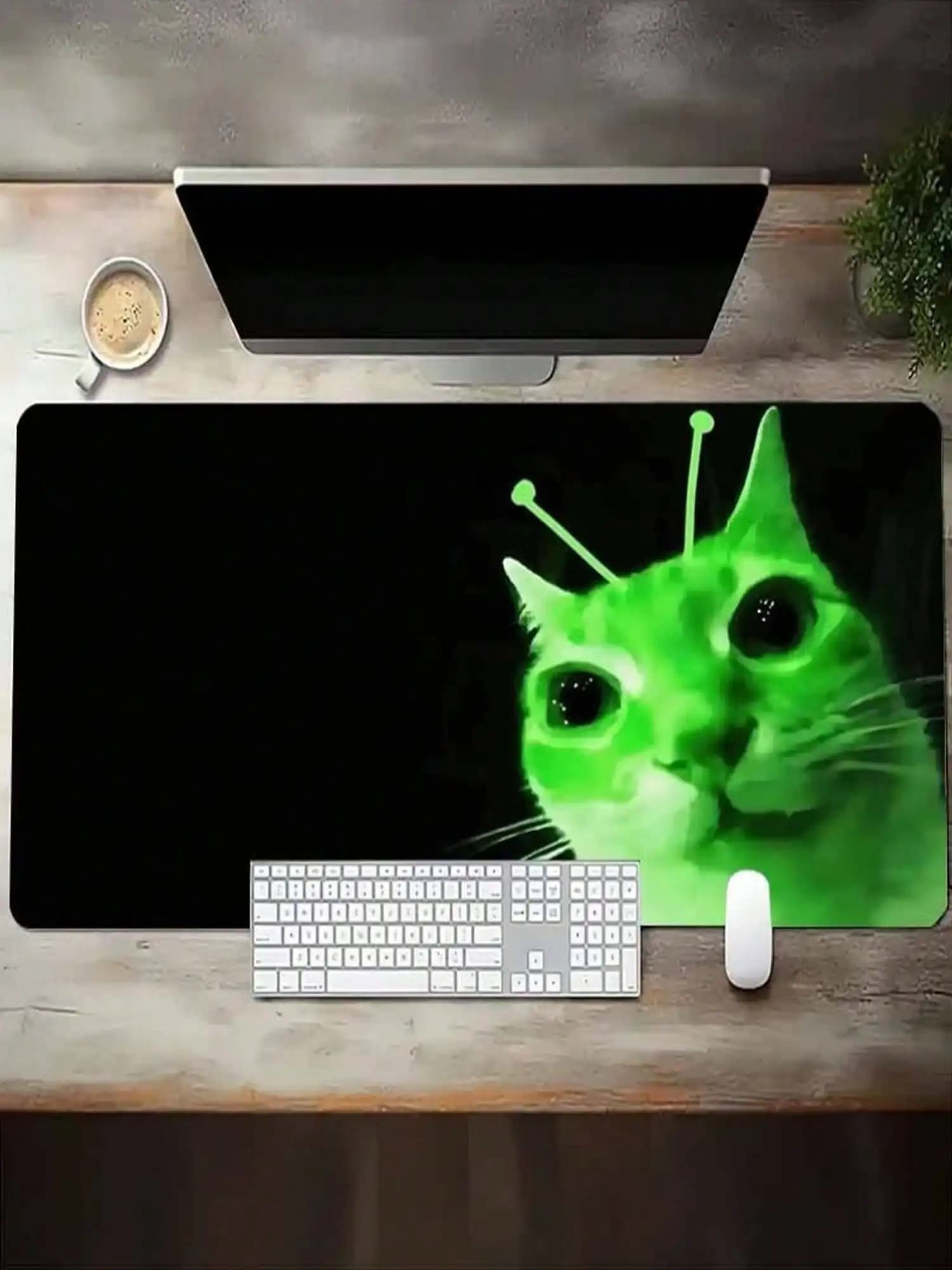 One Mouse Pad, Glowing Green Cat Pattern, Washable, Non-Slip Rubber Office/Gaming Desk Mat, High-End Computer Accessory.