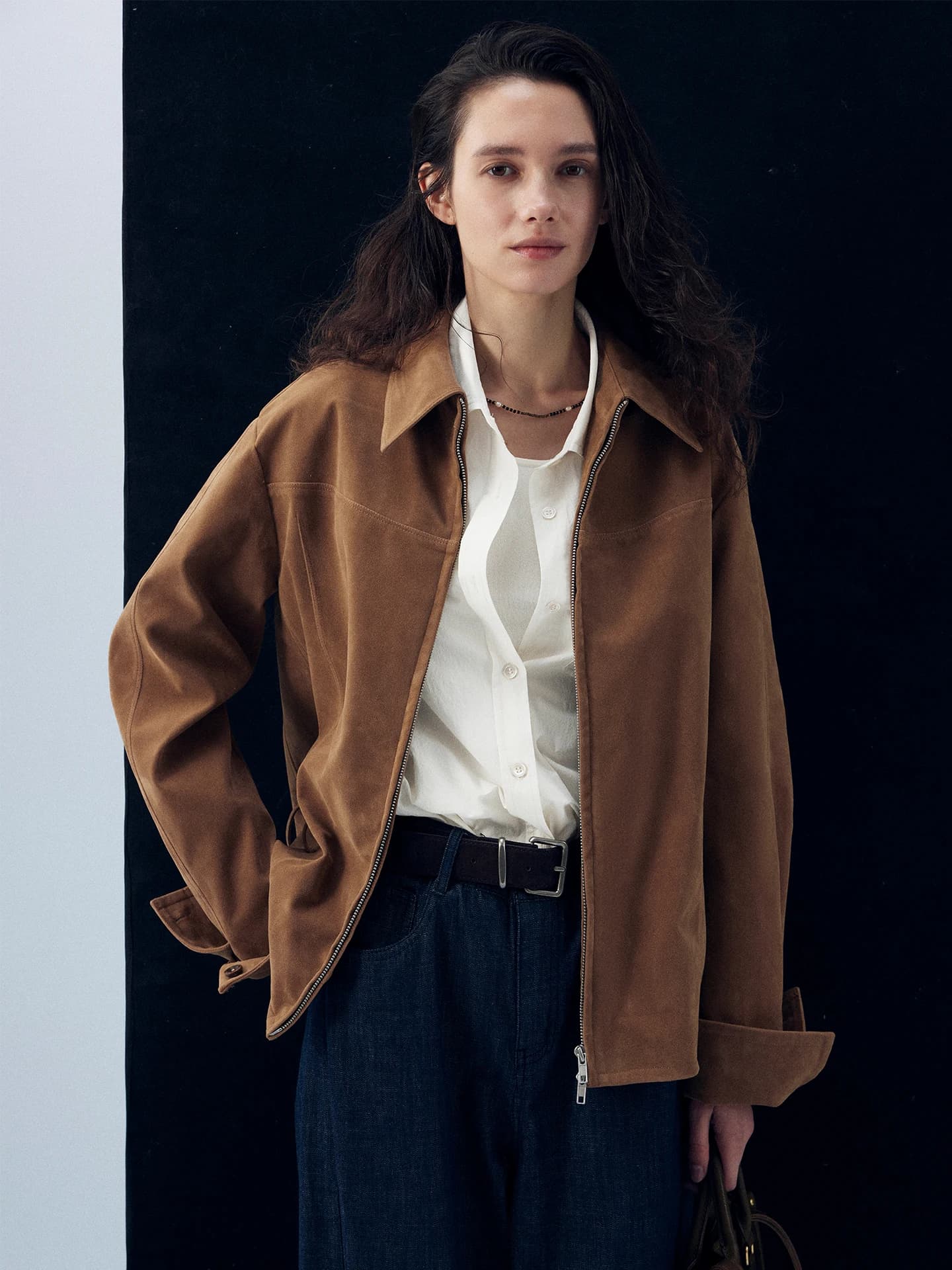 Moofeel Retro Suede Jacket Unique Low Waist Commuter Casual Outerwear for Women Spring 2026 Straight Cut Zipper Cotton