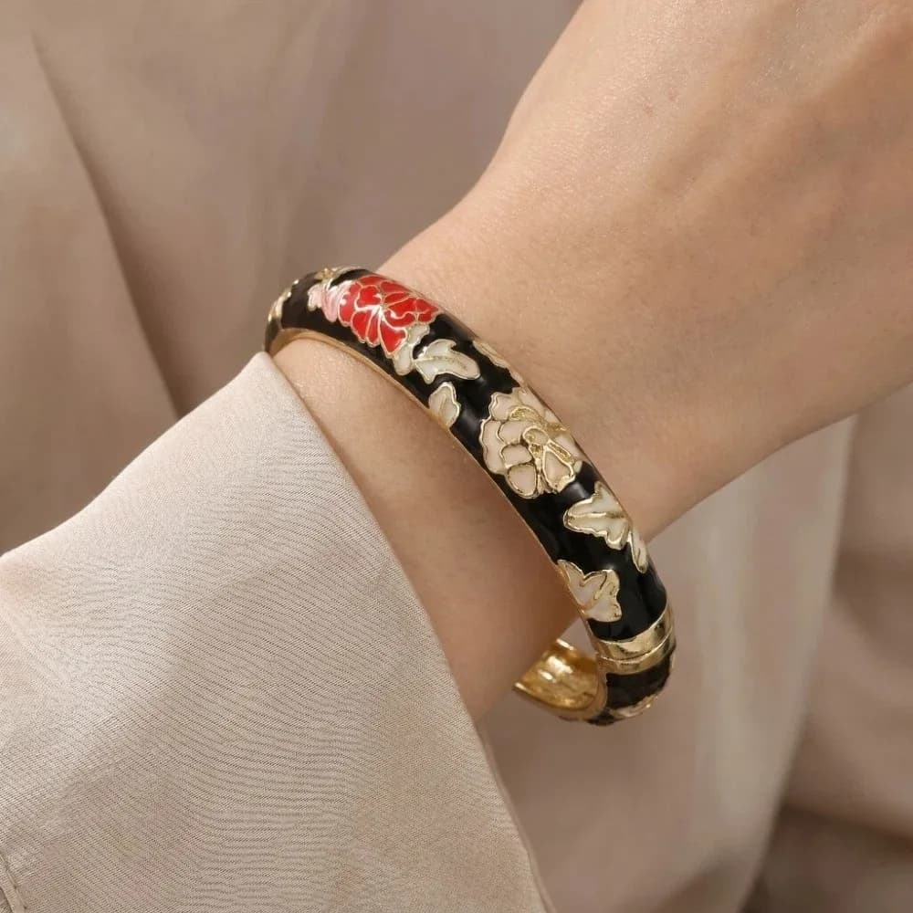 Enamel Vintage Cloisonne Bangle Traditional Floral Peony Chinese Flower Bangle Ethnic Chinese Women's Hand Bracelet