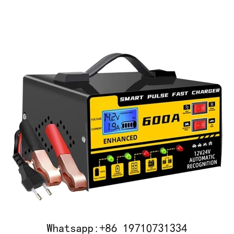 Caricabatterie Auto Intelligente con Rilevamento di Tensione e Temperatura, 12V 24V 600A, Display LCD Digitale, Arresto Automatico