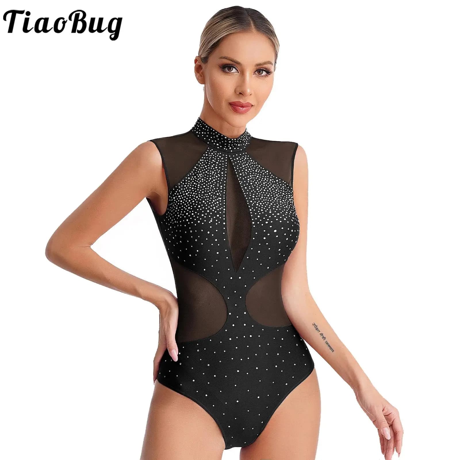 Body da pattinaggio di figura da donna, danza classica, ginnastica ritmica, costume senza maniche, strass, maglia trasparente, abbigliamento da ballo