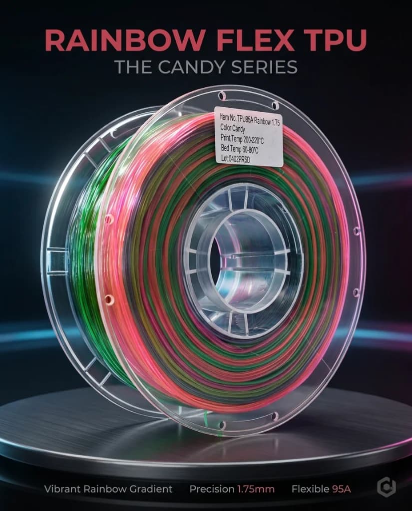 TPU Filament 98A TPU Flexible Soft 3D Printer Filament Multicolor Rainbow Gradient Flexible 3D Printing Filament for Bambu Lab