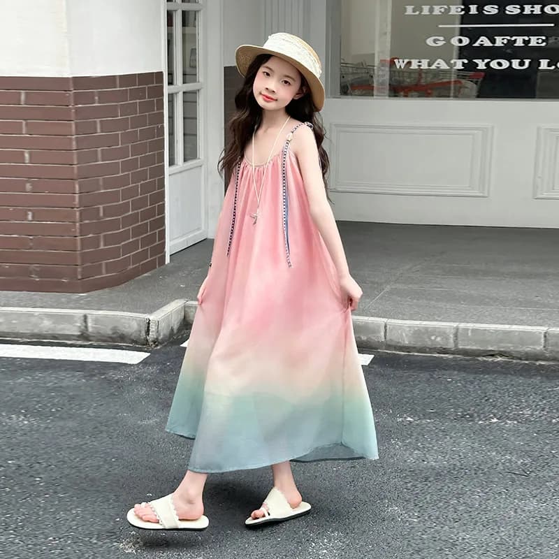Abito da spiaggia sfumato rosa di lusso per bambini in stile francese per ragazze Abiti eleganti da vacanza vintage Abiti senza maniche per bambini