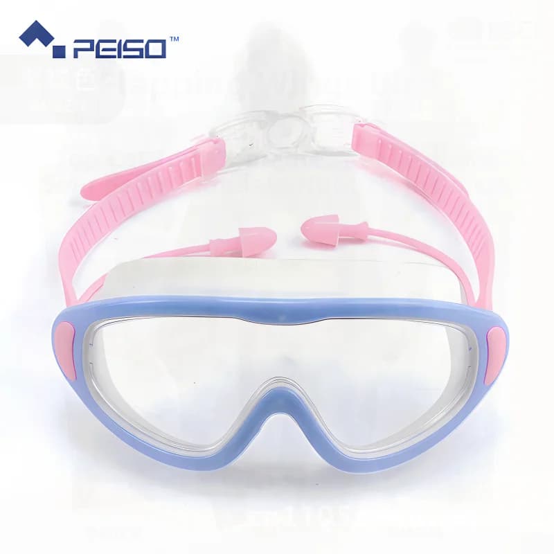 Baisu Swimwear for children with large frame HD silicone anti-fog unisex with single-piece ears caps Lake Blue Yellow Pink Blue