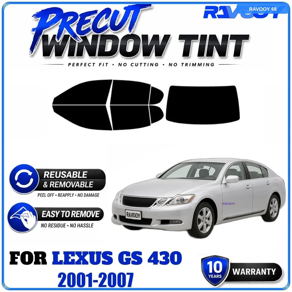 RAVOOY Precut Window Tint, Reusable Removable EPU Film, Custom Fit for Lexus GS 430 2001-2007, UV Heat Protection