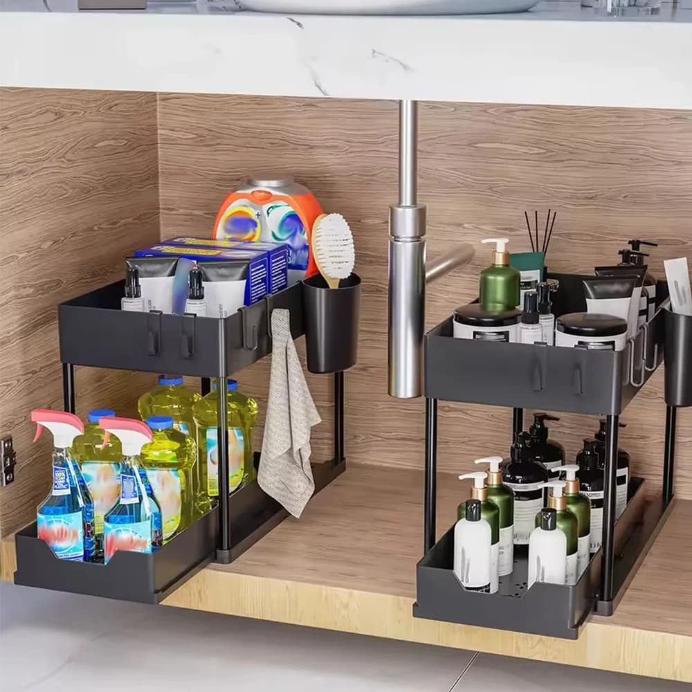 Organizzatore sotto il lavandino, portaoggetti con ganci, armadio scorrevole a 2 livelli, cestino, organizer estraibile, cassetto scorrevole per bagno, cucina