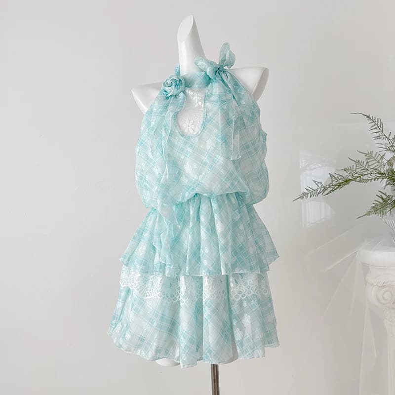 Women's 2026 Checkered Lace Patchwork Summer Plaid Square Neck Puff Sleeve Ruffle Flowy Beach Dress Casual Halter Mini Dress