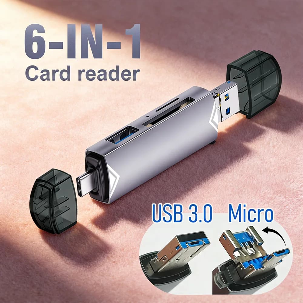 Lettore di schede OTG USB 3.0 6-in-1, adattatore per schede di memoria SD/TF, lettore USB C universale per telefono, laptop, fotocamera, PS4, auto