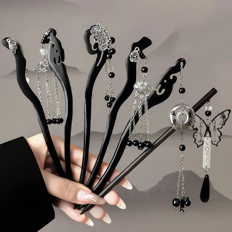 1pc style ancient Chinese painting ink wood knuckles high-end comfortable disposition fast fork Hanfu Qipao headgear