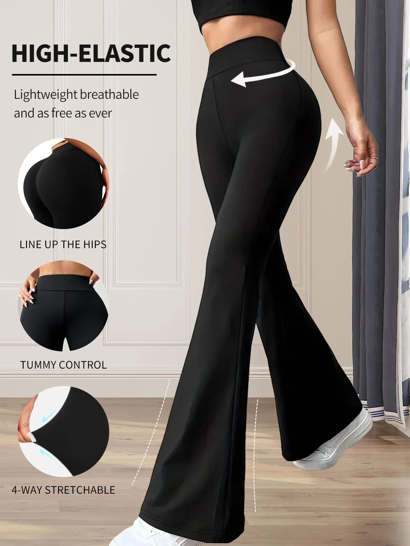 Women's high-waisted, spring and summer pants, long, thin-legged black trousers, wide leg thin pants for slim women